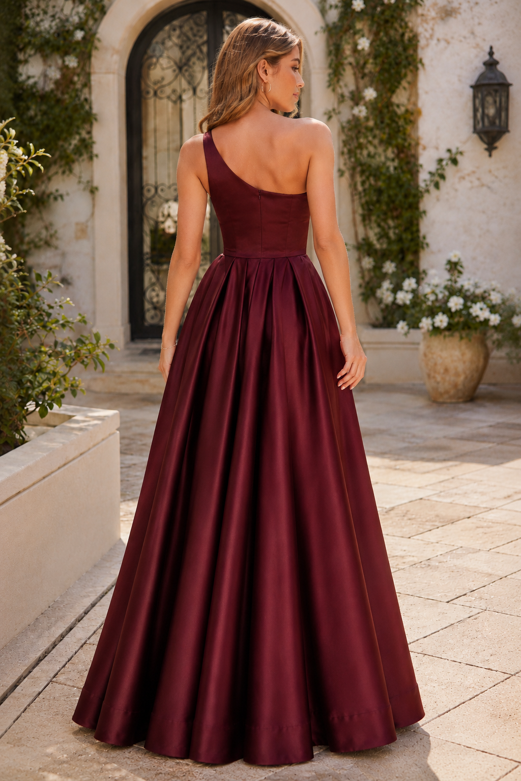 Kaldelle A Line One Shoulder Floor Length Satin Prom Dress- Style in Burgundy - back view