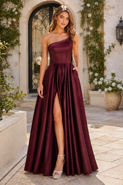 Kaldelle A Line One Shoulder Floor Length Satin Prom Dress- Style in Burgundy - front view