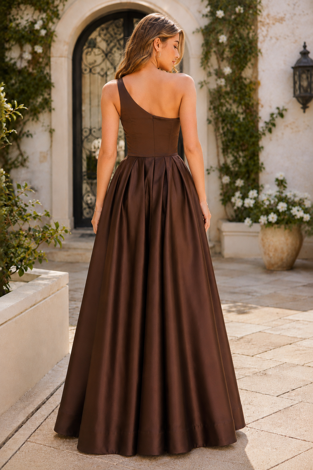 Kaldelle A Line One Shoulder Floor Length Satin Prom Dress- Style in Chocolate Brown - back view