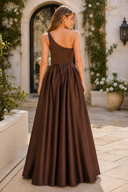 Kaldelle A Line One Shoulder Floor Length Satin Prom Dress- Style in Chocolate Brown - back view