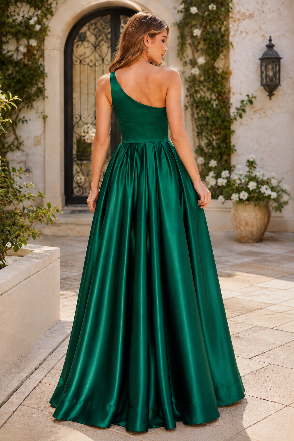 Kaldelle A Line One Shoulder Floor Length Satin Prom Dress- Style in Emerald Green - back view