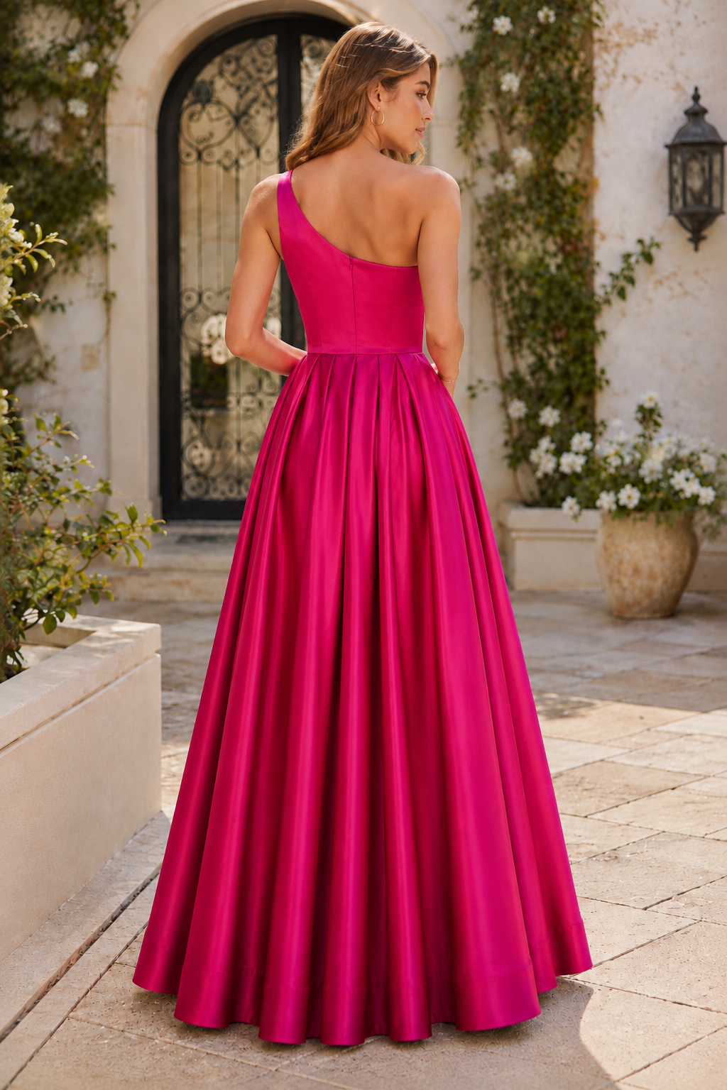 Kaldelle A Line One Shoulder Floor Length Satin Prom Dress- Style in Fuchsia - back view