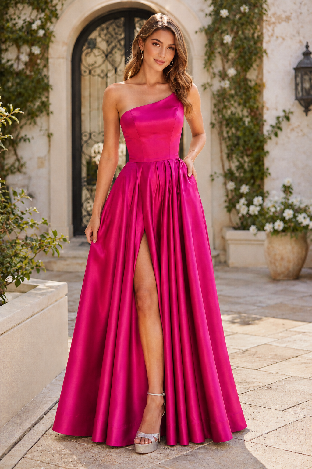 Kaldelle A Line One Shoulder Floor Length Satin Prom Dress- Style in Fuchsia - front view
