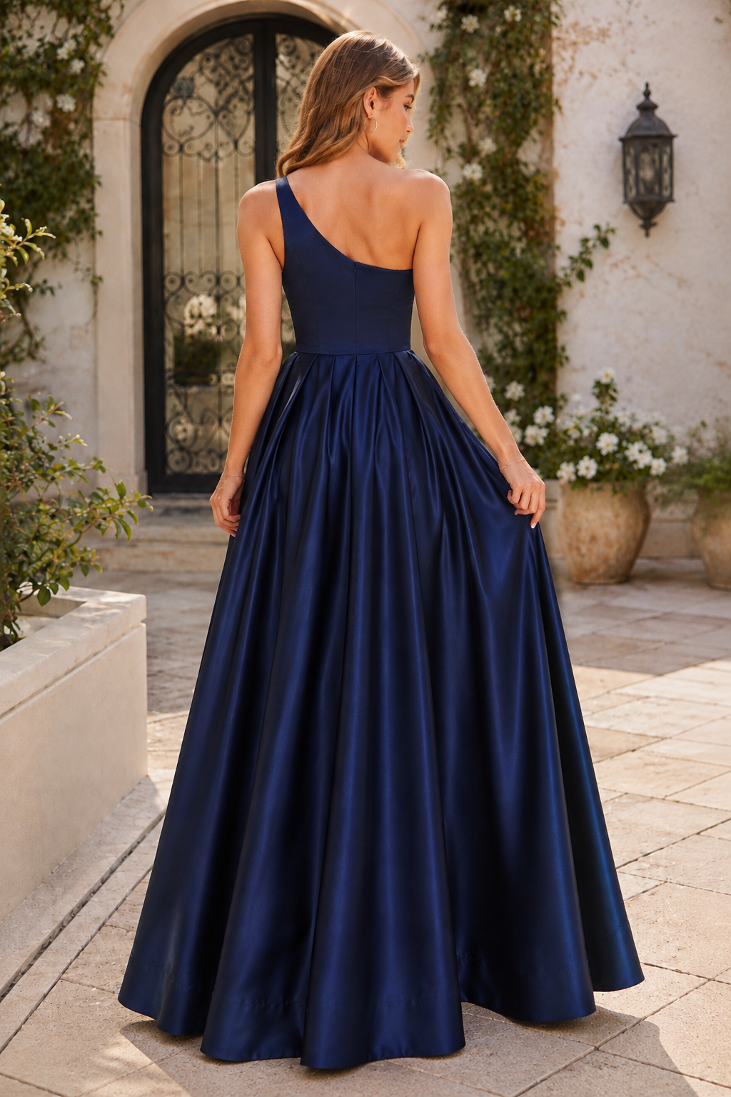 Kaldelle A Line One Shoulder Floor Length Satin Prom Dress- Style in Navy Blue - back view