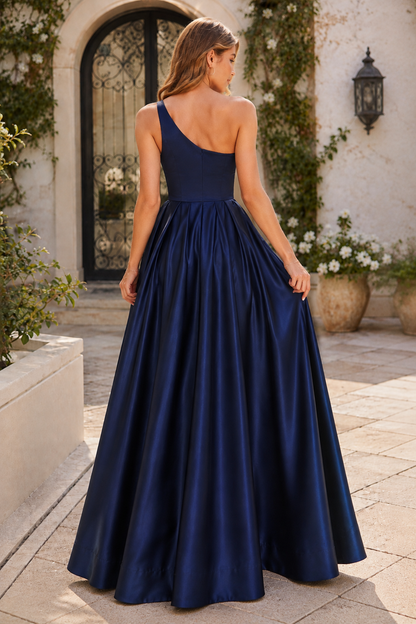Kaldelle A Line One Shoulder Floor Length Satin Prom Dress- Style in Navy Blue - back view