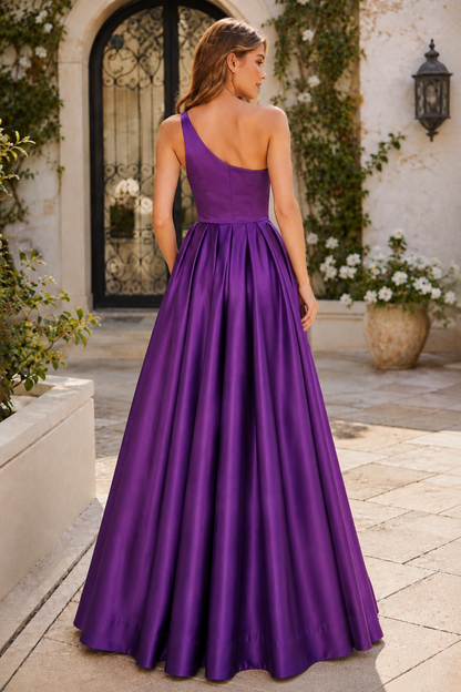 Kaldelle A Line One Shoulder Floor Length Satin Prom Dress- Style in Purple - back view