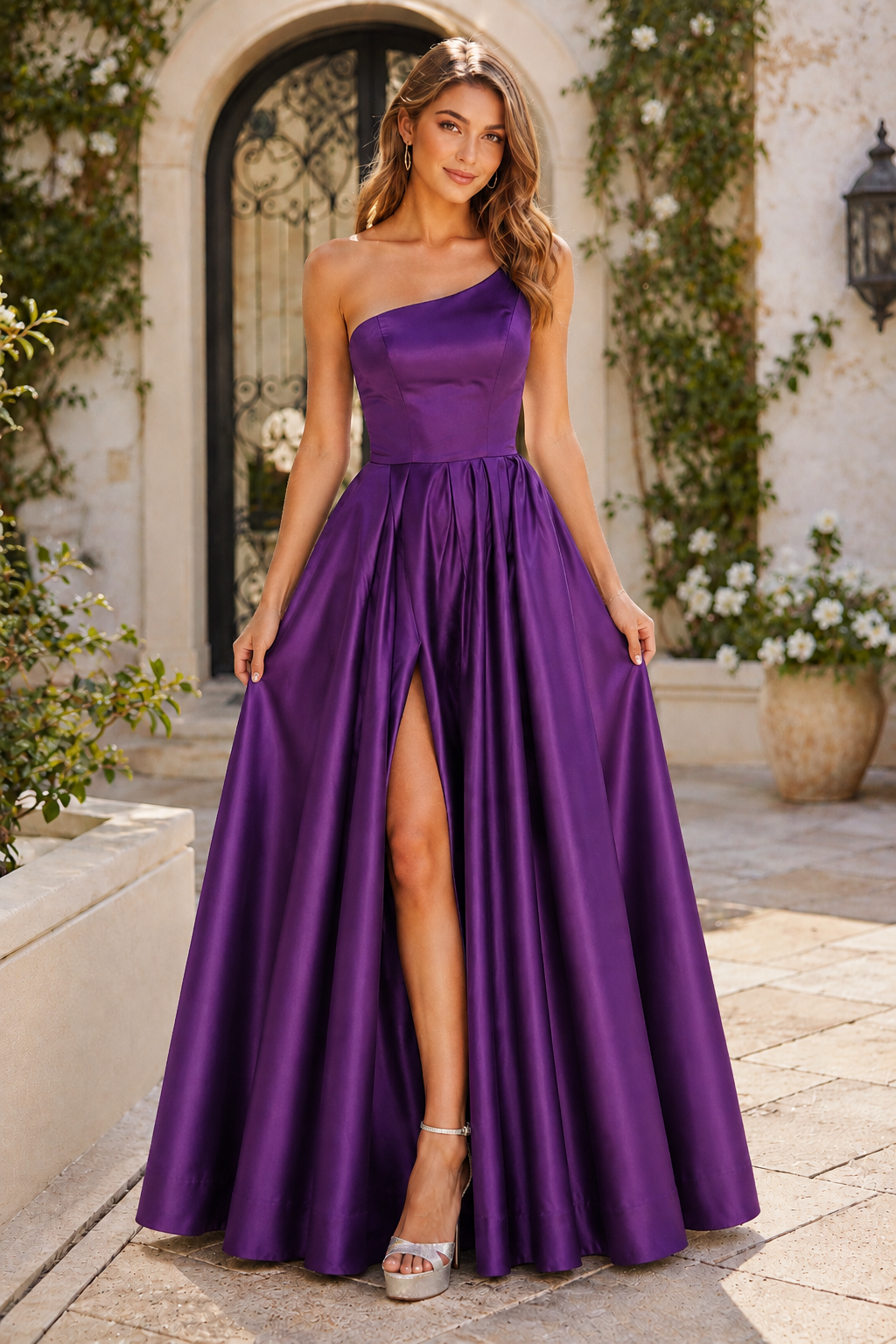 Kaldelle A Line One Shoulder Floor Length Satin Prom Dress- Style in Purple - front view