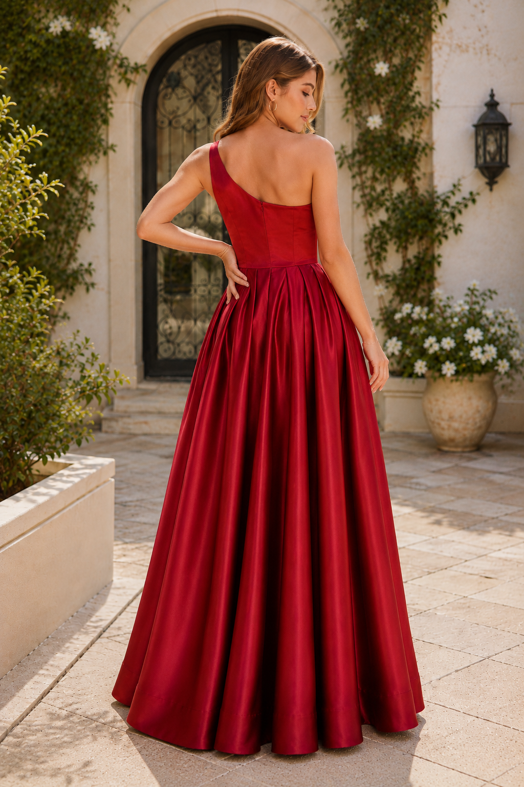 Kaldelle A Line One Shoulder Floor Length Satin Prom Dress- Style in Red - back view