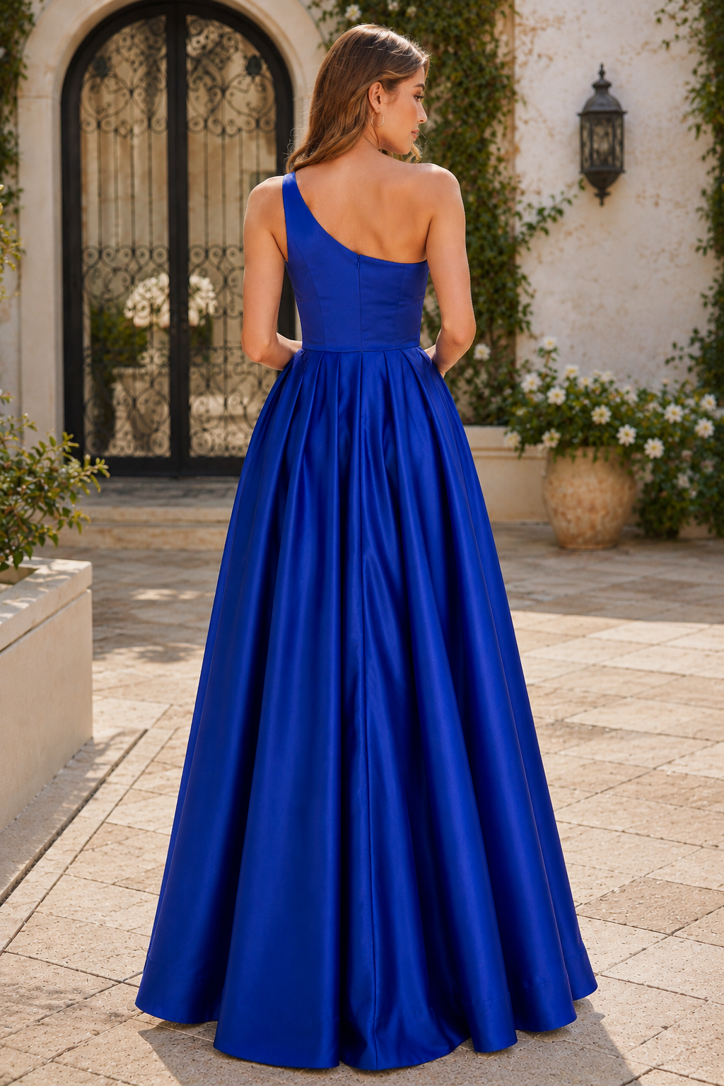 Kaldelle A Line One Shoulder Floor Length Satin Prom Dress- Style in Royal Blue - back view