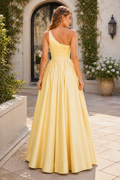Kaldelle A Line One Shoulder Floor Length Satin Prom Dress- Style in Yellow - back view