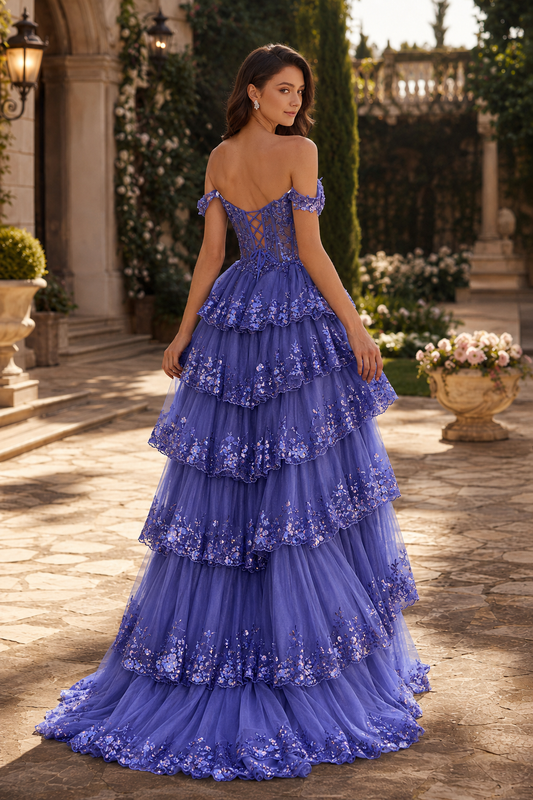 Arabella A Line Off the Shoulder Sweep Train Tulle Prom Dress - back view