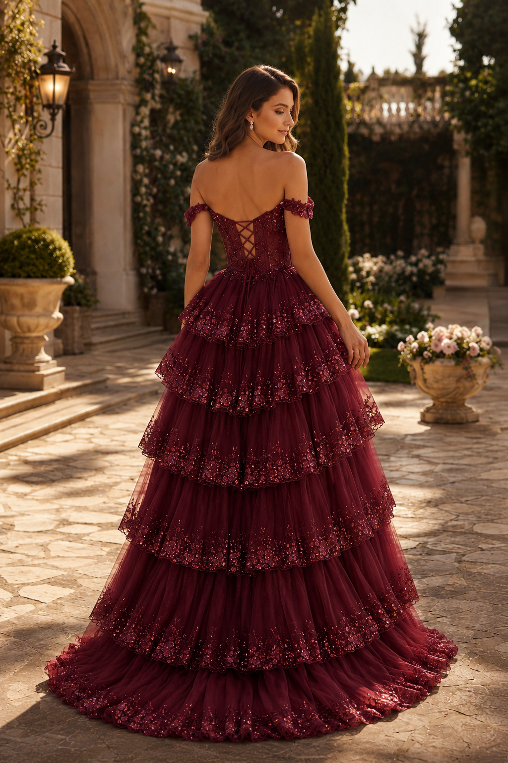Arabella A Line Off the Shoulder Sweep Train Tulle Prom Dress in Burgundy - back view