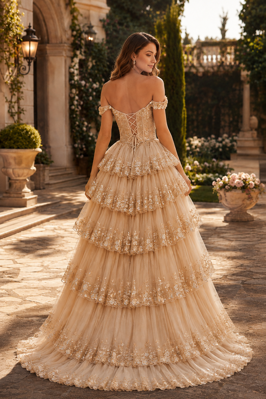 Arabella A Line Off the Shoulder Sweep Train Tulle Prom Dress in Champagne - back view