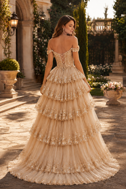 Arabella A Line Off the Shoulder Sweep Train Tulle Prom Dress in Champagne - back view
