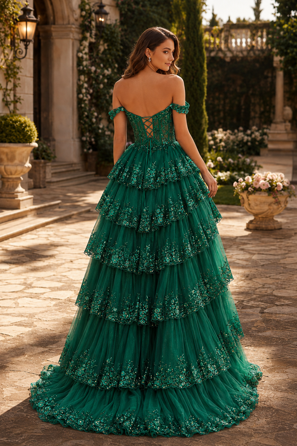 Arabella A Line Off the Shoulder Sweep Train Tulle Prom Dress in Emerald Green - back view