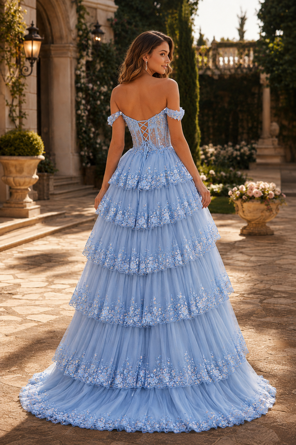 Arabella A Line Off the Shoulder Sweep Train Tulle Prom Dress in Light Blue - back view