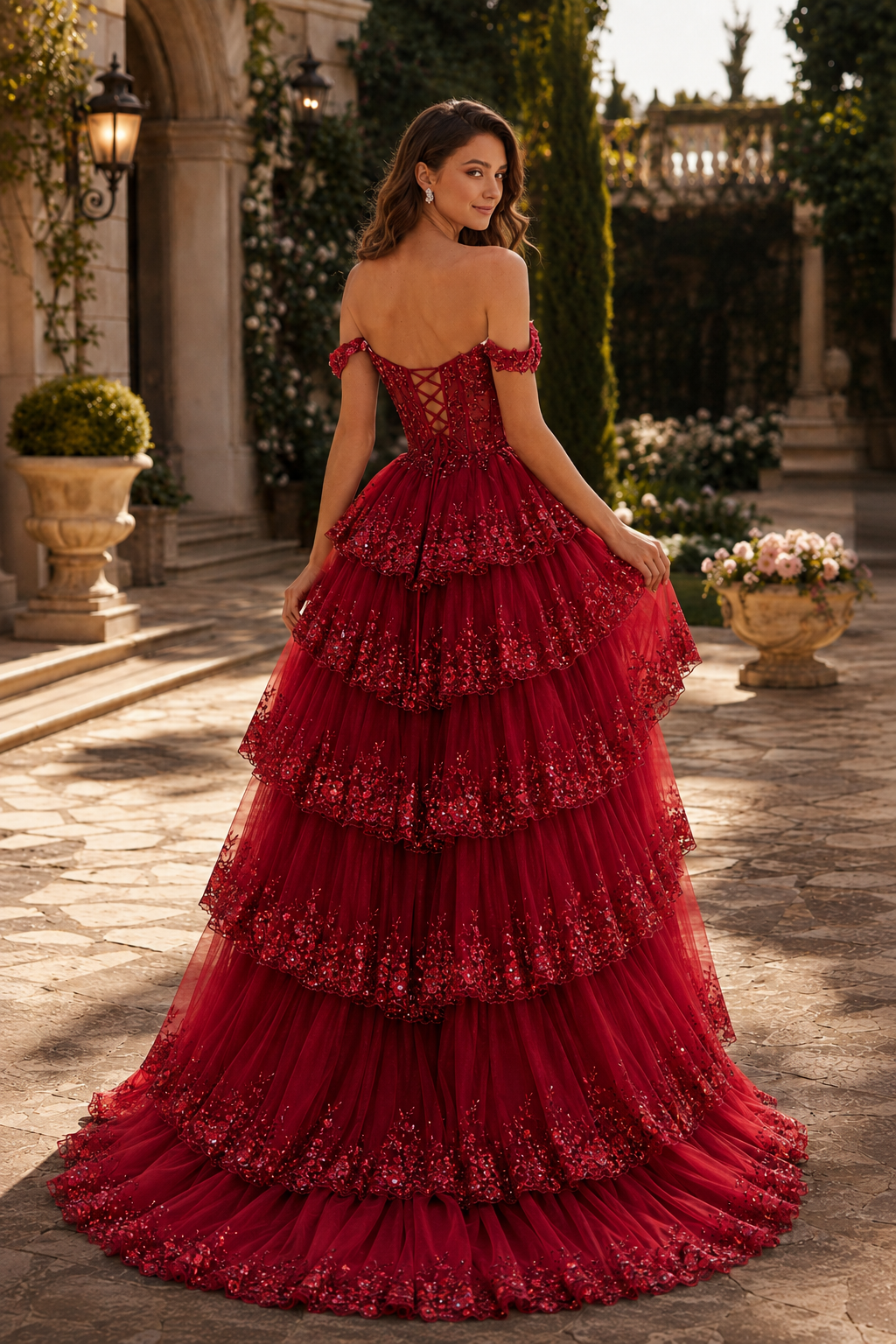 Arabella A Line Off the Shoulder Sweep Train Tulle Prom Dress in Red - back view