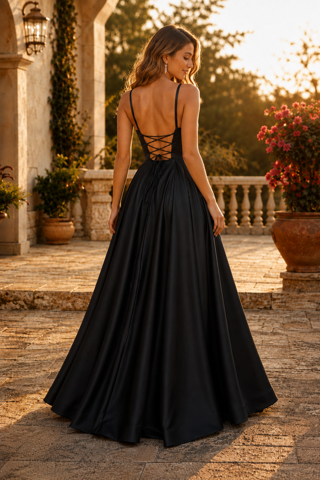 Kalvara A Line Sweetheart Floor Length Satin Prom Dress in Black - back view