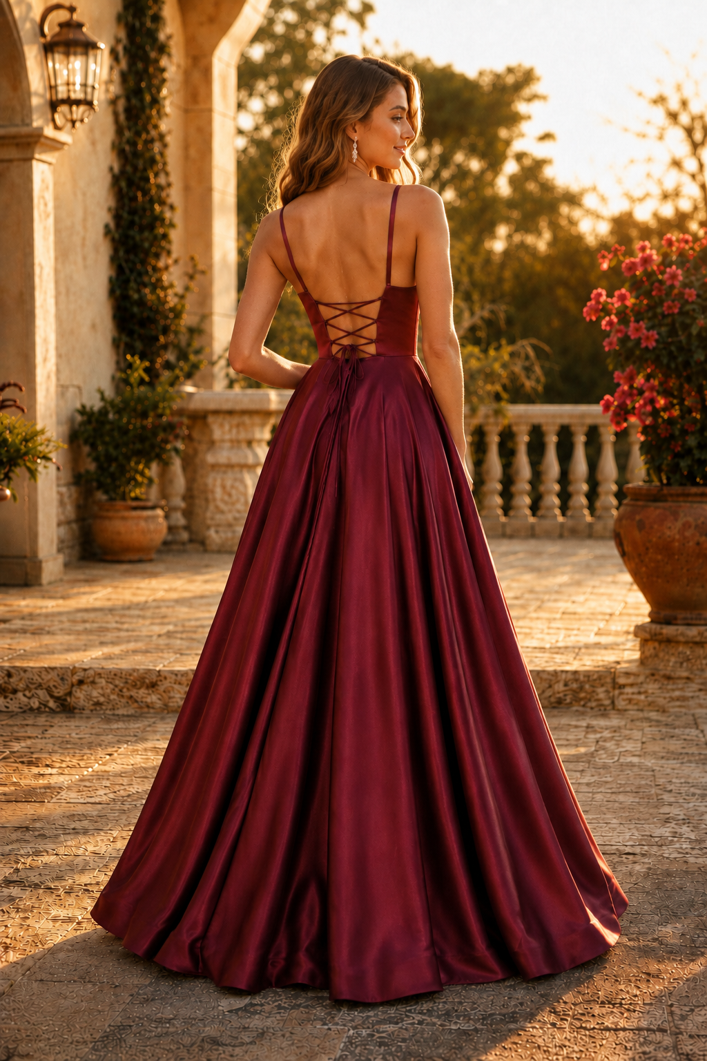 Kalvara A Line Sweetheart Floor Length Satin Prom Dress in Burgundy - back view