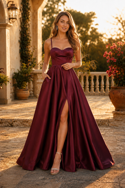 Kalvara A Line Sweetheart Floor Length Satin Prom Dress in Burgundy - front view