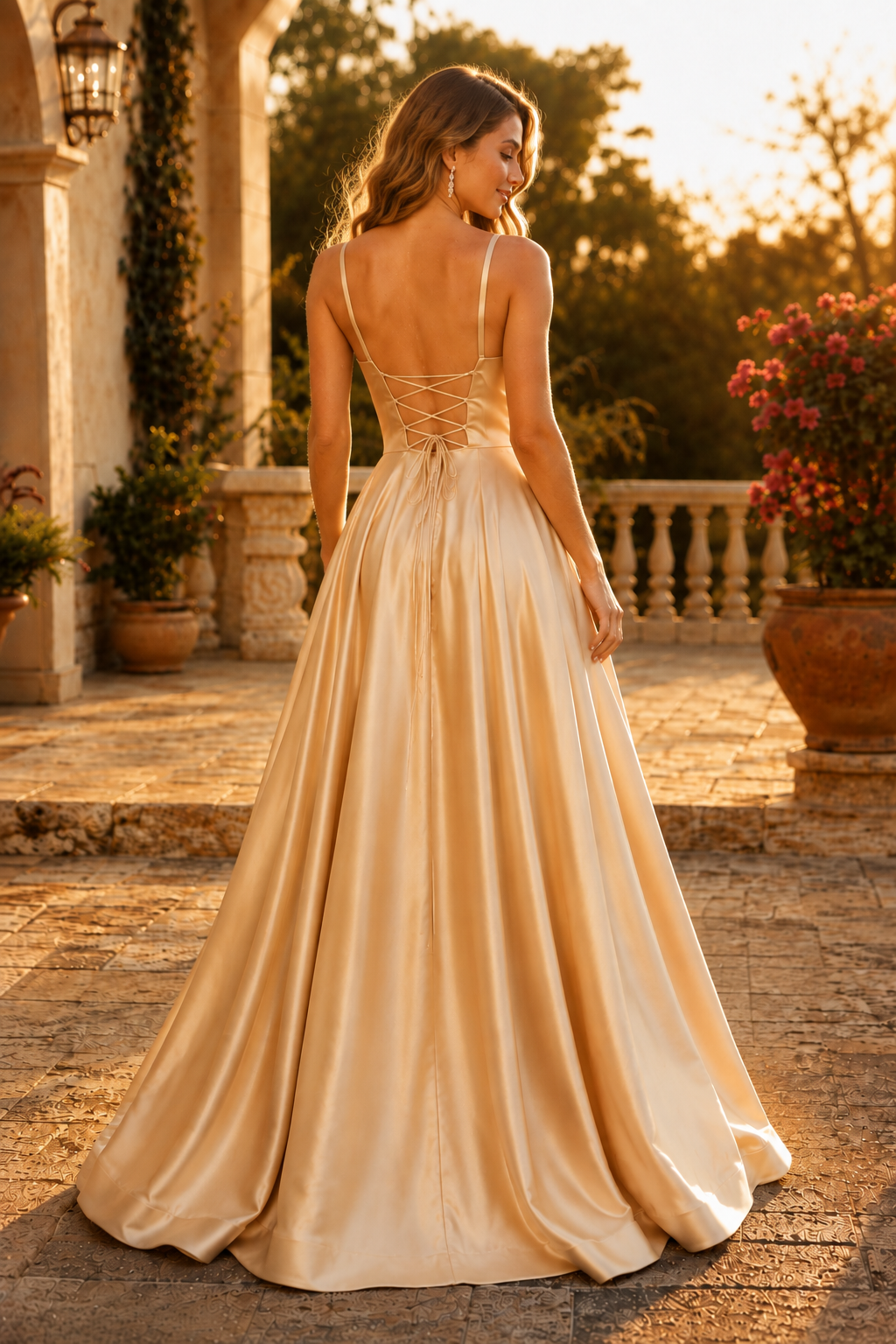 Kalvara A Line Sweetheart Floor Length Satin Prom Dress in Champagne - back view