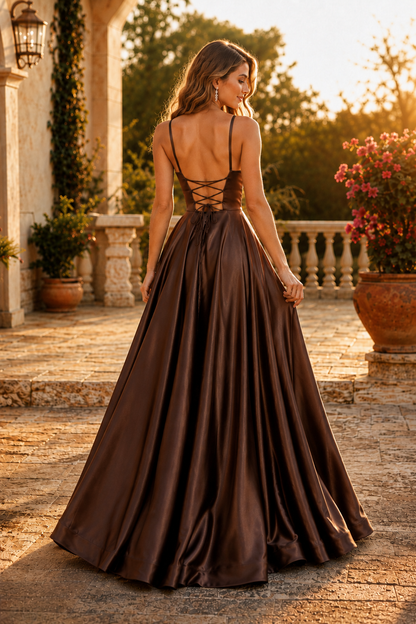 Kalvara A Line Sweetheart Floor Length Satin Prom Dress in Chocolate Brown - back view