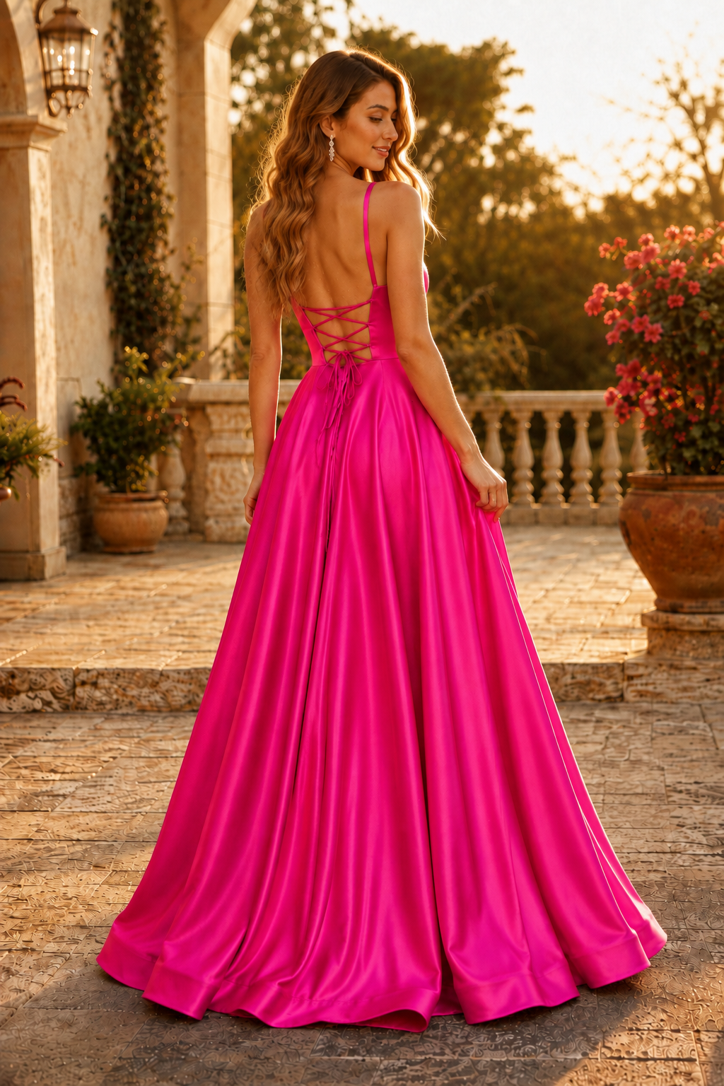 Kalvara A Line Sweetheart Floor Length Satin Prom Dress in Fuchsia - back view