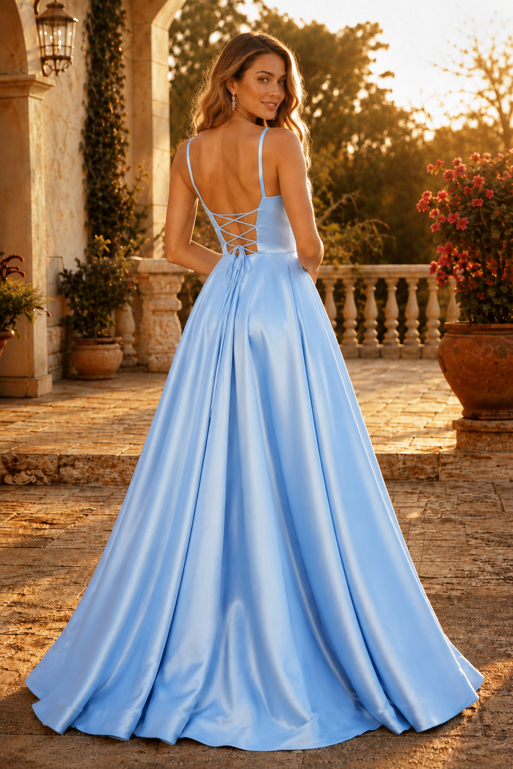 Kalvara A Line Sweetheart Floor Length Satin Prom Dress in Light Blue - back view
