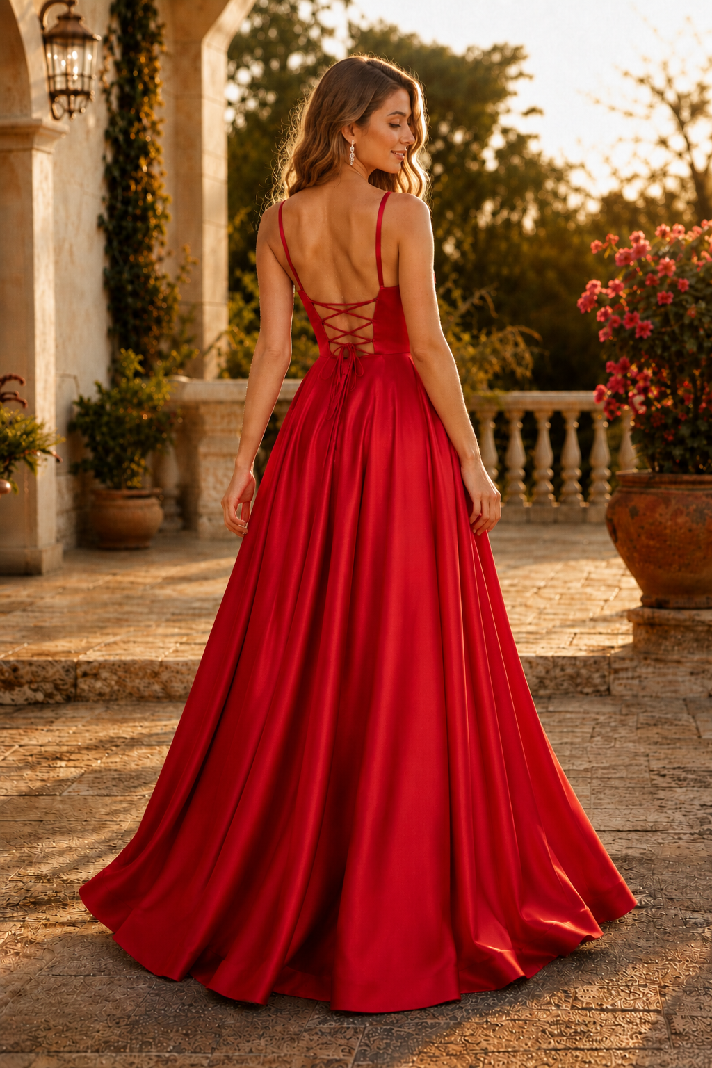 Kalvara A Line Sweetheart Floor Length Satin Prom Dress in Red - back view