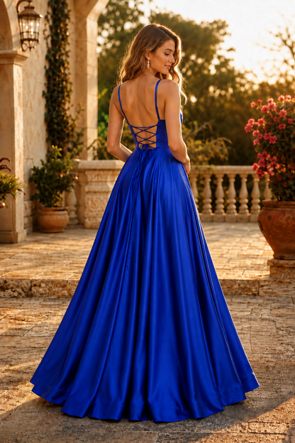 Kalvara A Line Sweetheart Floor Length Satin Prom Dress in Royal Blue - back view