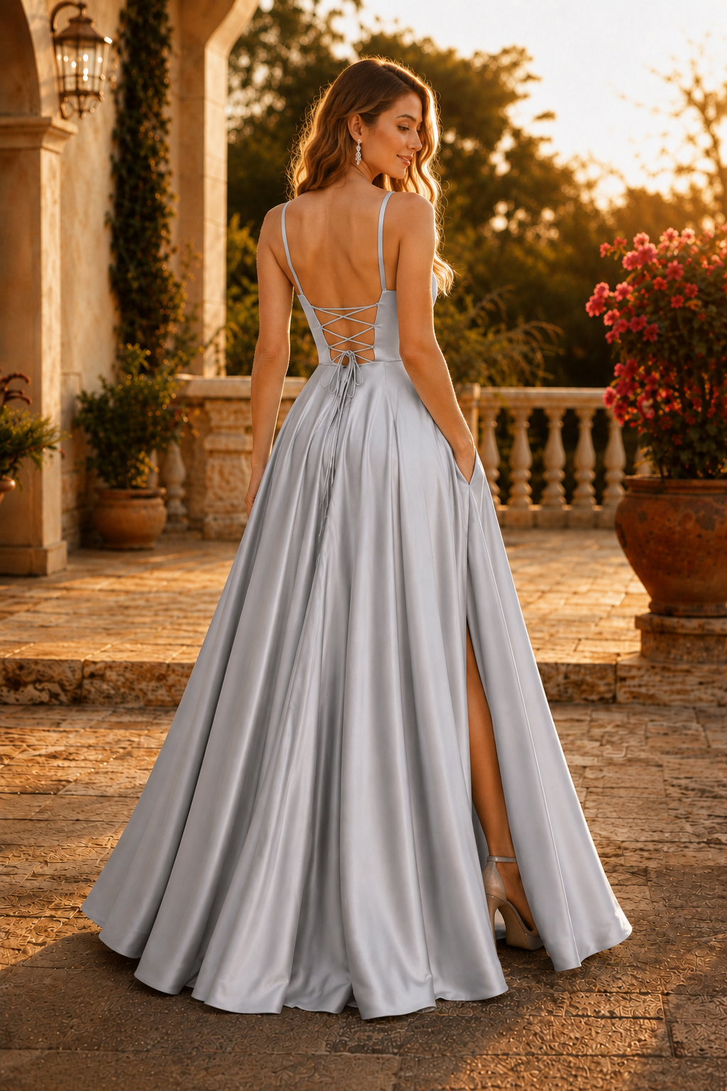 Kalvara A Line Sweetheart Floor Length Satin Prom Dress in Silver - back view