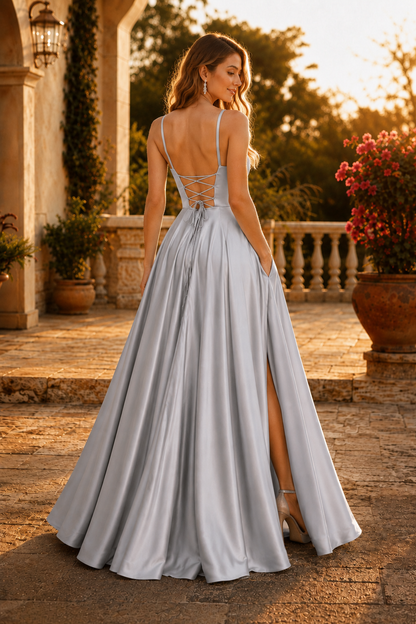 Kalvara A Line Sweetheart Floor Length Satin Prom Dress in Silver - back view