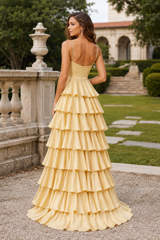 Celrienne A Line V Neck Sweep Train Stretch Satin Prom Dress - back view