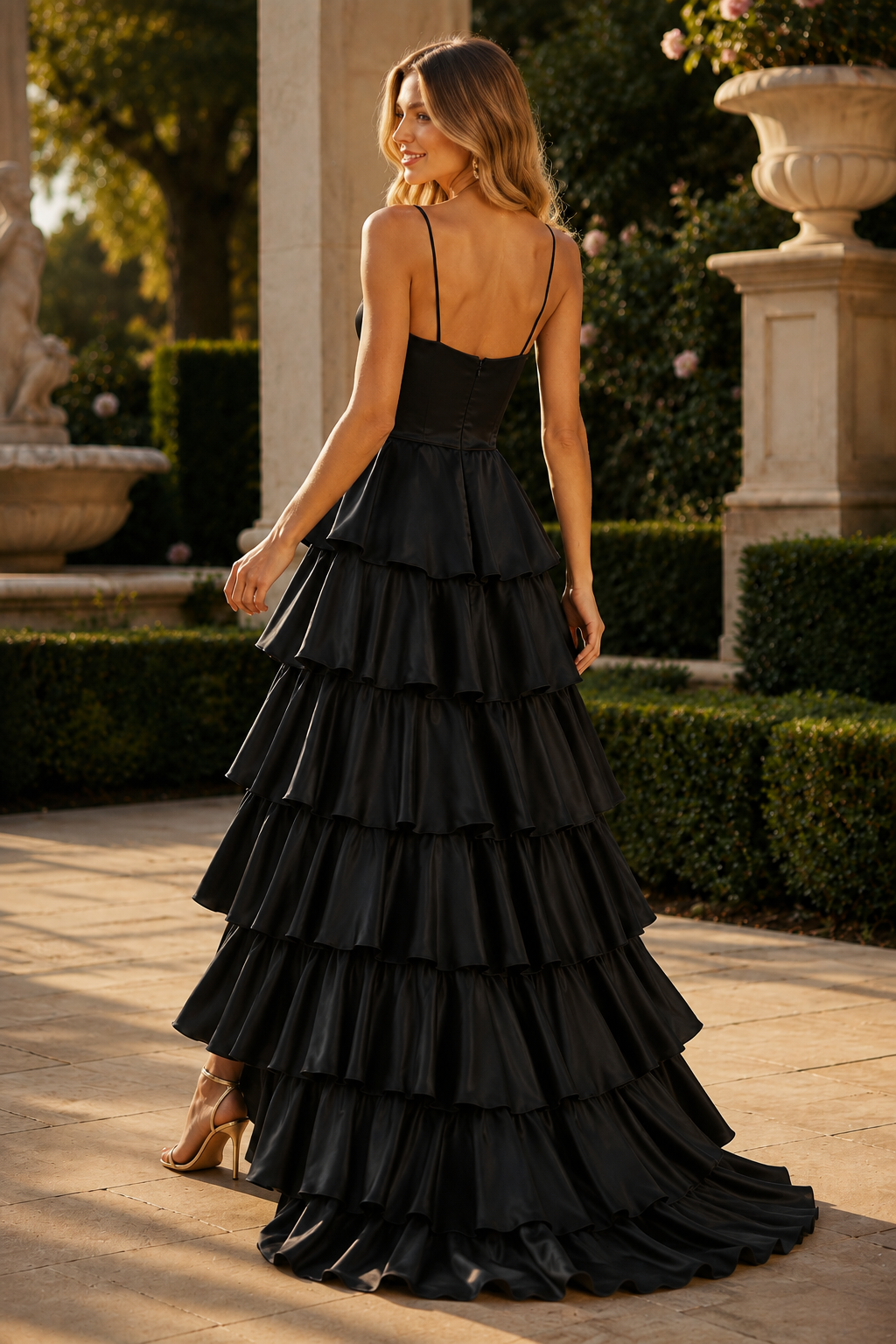 Celrienne A Line V Neck Sweep Train Stretch Satin Prom Dress in Black - back view
