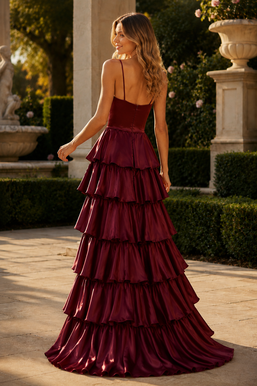Celrienne A Line V Neck Sweep Train Stretch Satin Prom Dress in Burgundy - back view