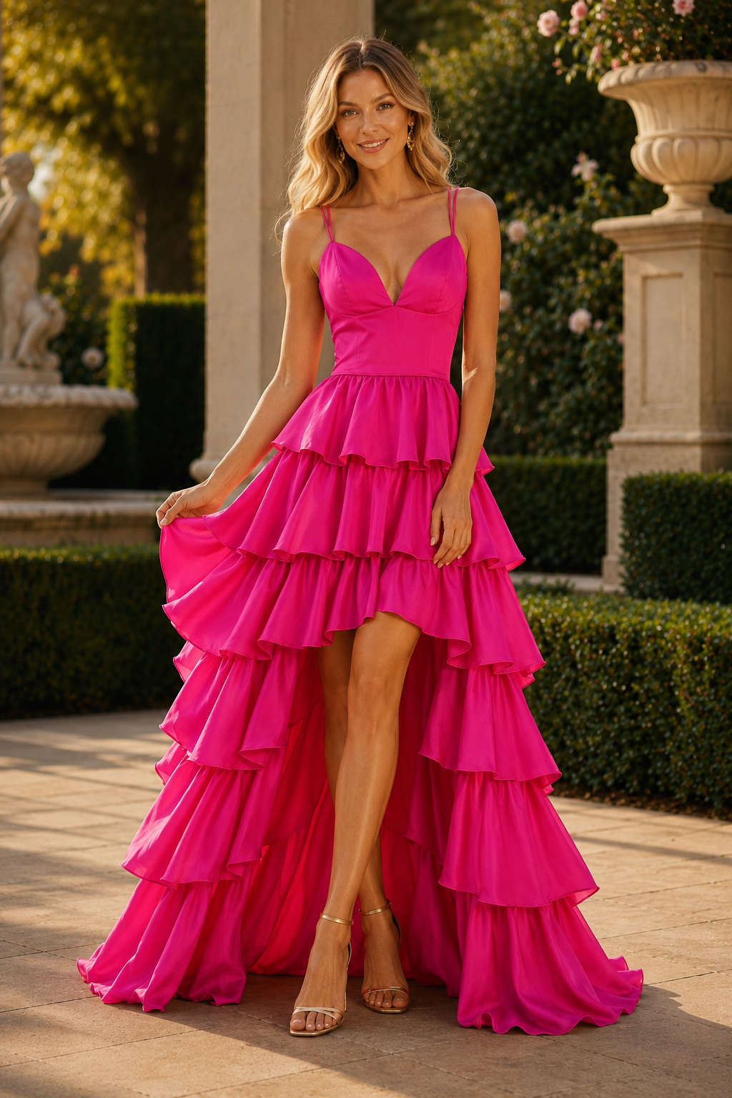 Celrienne A Line V Neck Sweep Train Stretch Satin Prom Dress in Hot Pink - front view