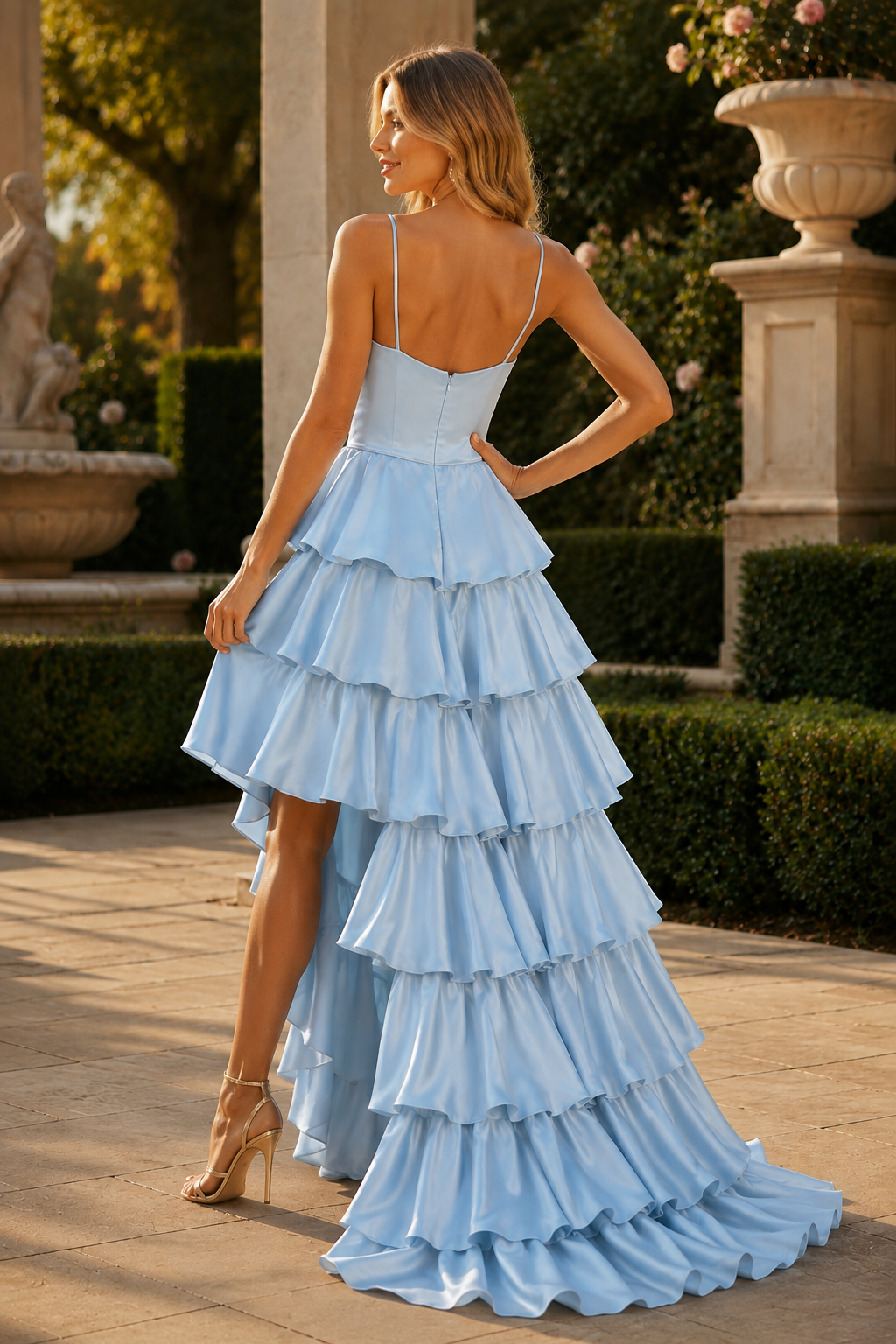 Celrienne A Line V Neck Sweep Train Stretch Satin Prom Dress in Light Blue - back view