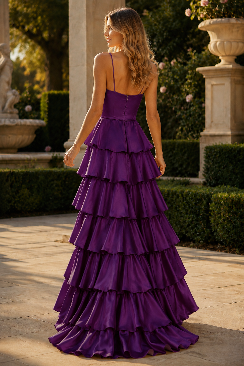 Celrienne A Line V Neck Sweep Train Stretch Satin Prom Dress in Purple - back view