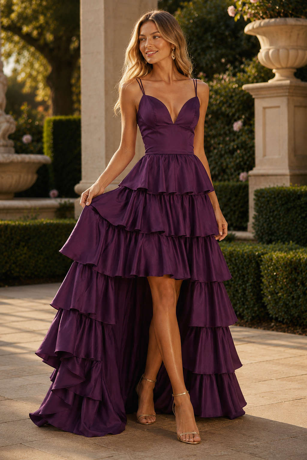 Celrienne A Line V Neck Sweep Train Stretch Satin Prom Dress in Purple - front view