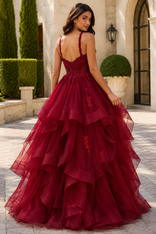 Arisette A Line V Neck Floor Length Tulle Prom Dress- Style - back view
