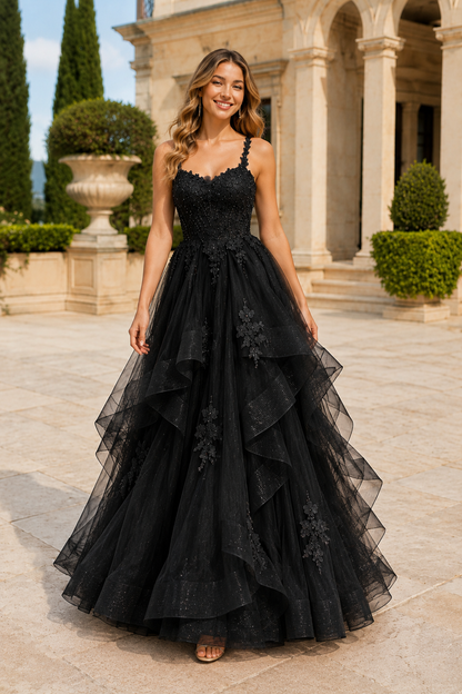 Arisette A Line V Neck Floor Length Tulle Prom Dress- Style in Black - front view