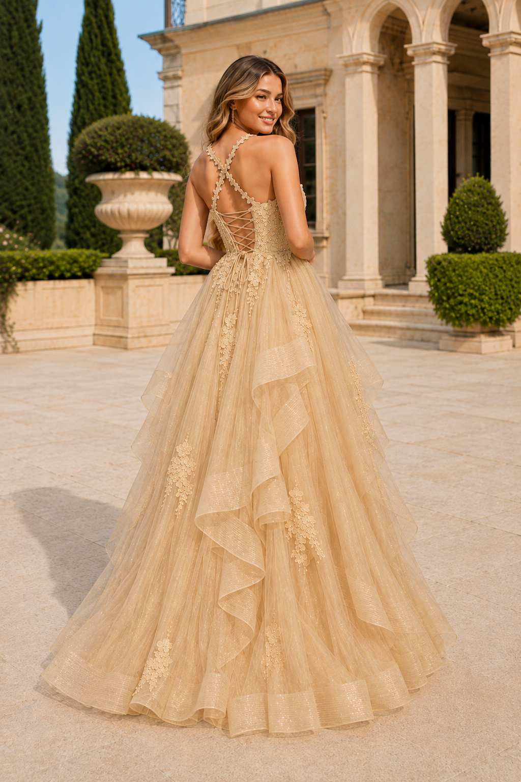 Arisette A Line V Neck Floor Length Tulle Prom Dress- Style in Champagne - back view