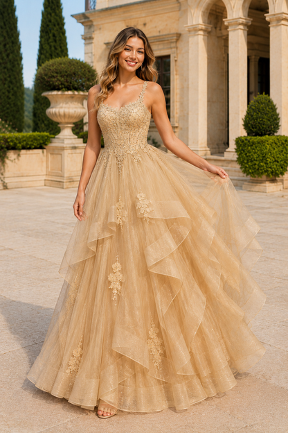 Arisette A Line V Neck Floor Length Tulle Prom Dress- Style in Champagne - front view