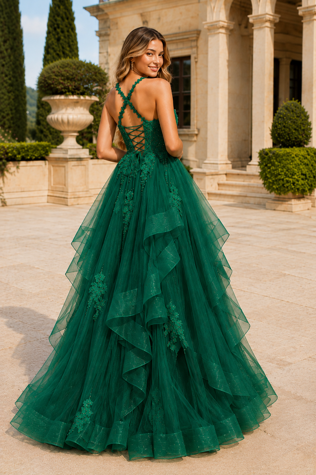 Arisette A Line V Neck Floor Length Tulle Prom Dress- Style in Emerald Green - back view
