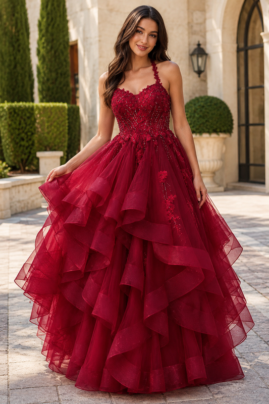 Arisette A Line V Neck Floor Length Tulle Prom Dress- Style - front view