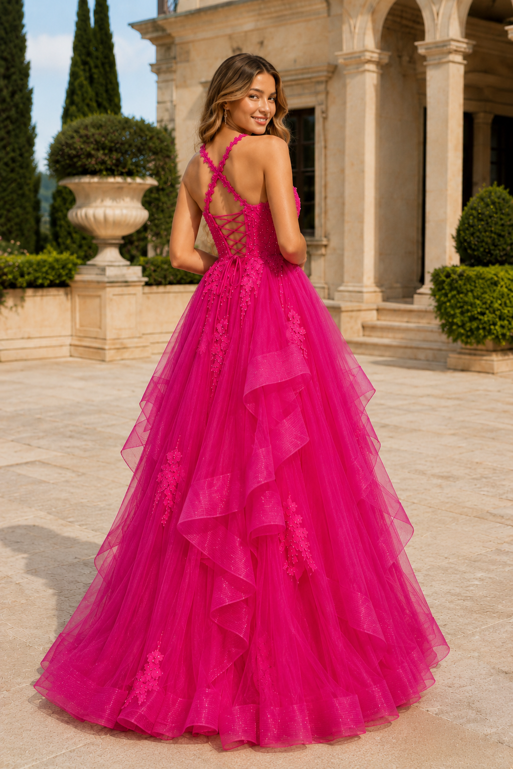 Arisette A Line V Neck Floor Length Tulle Prom Dress- Style in Hot Pink - back view