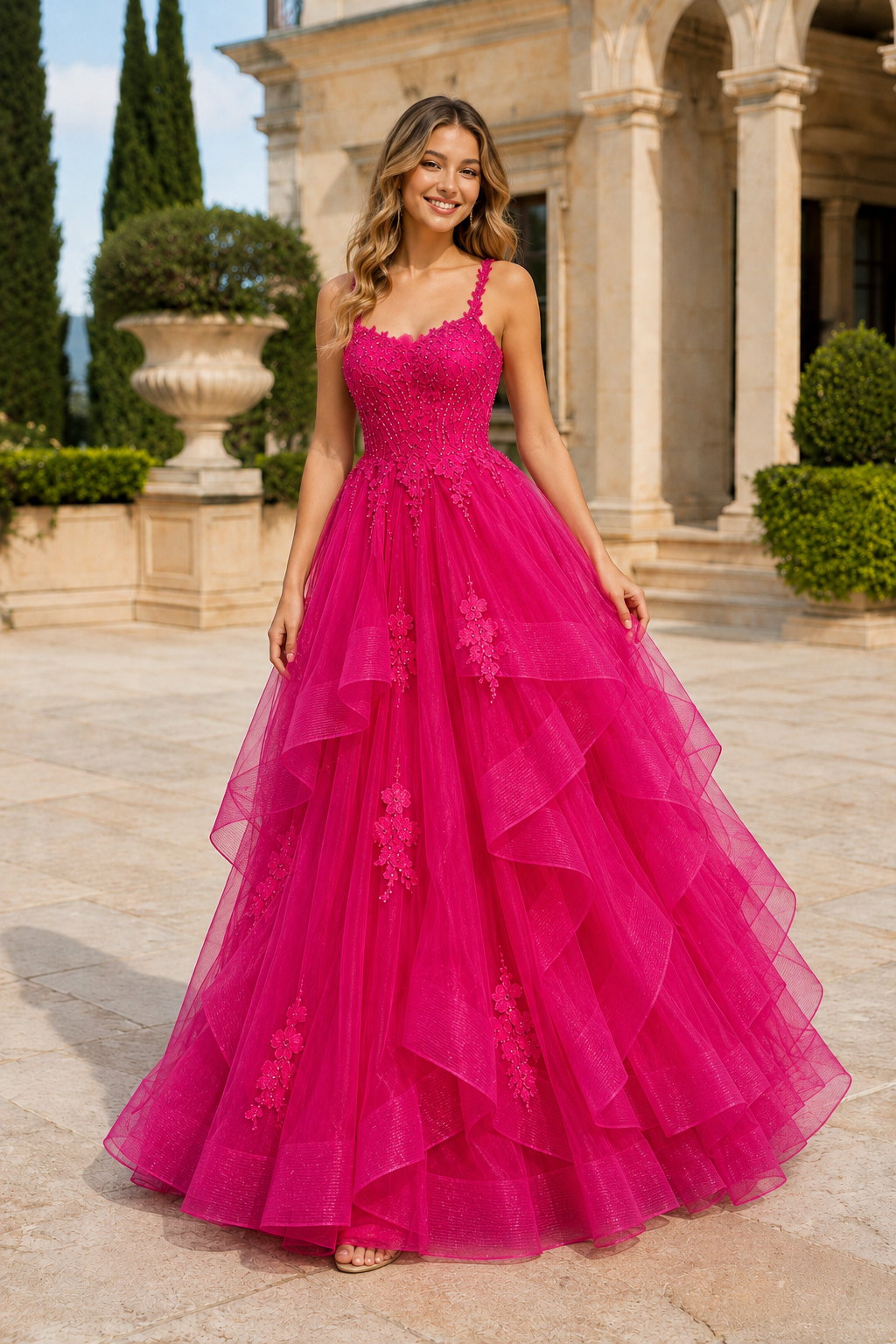 Arisette A Line V Neck Floor Length Tulle Prom Dress- Style in Hot Pink - front view