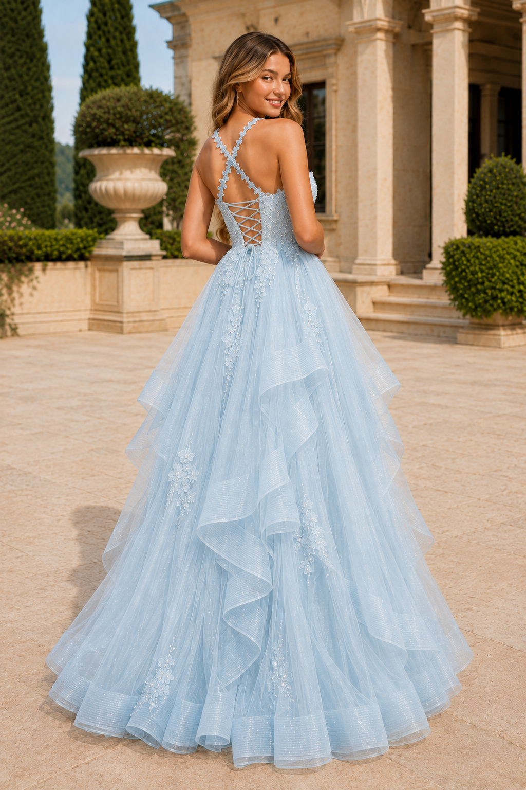 Arisette A Line V Neck Floor Length Tulle Prom Dress- Style in Light Blue - back view