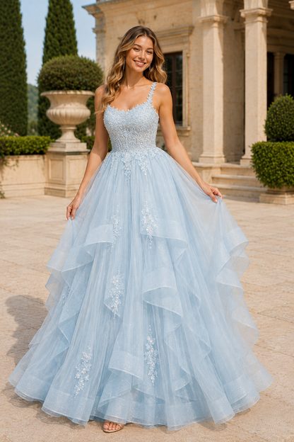 Arisette A Line V Neck Floor Length Tulle Prom Dress- Style in Light Blue - front view