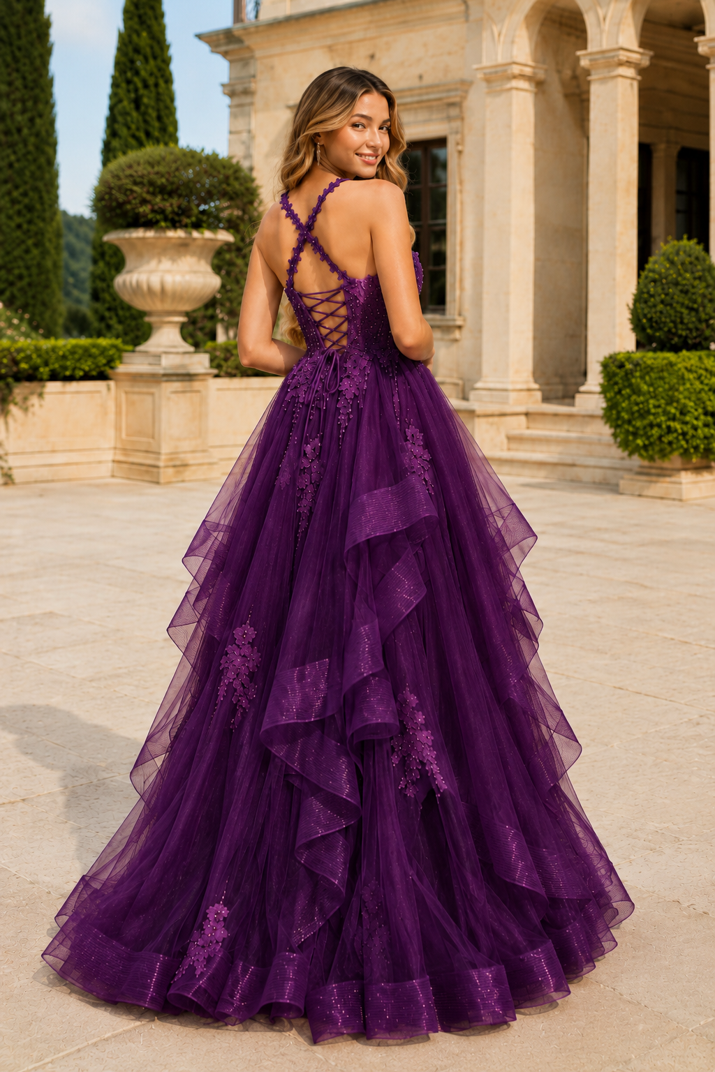 Arisette A Line V Neck Floor Length Tulle Prom Dress- Style in Purple - back view